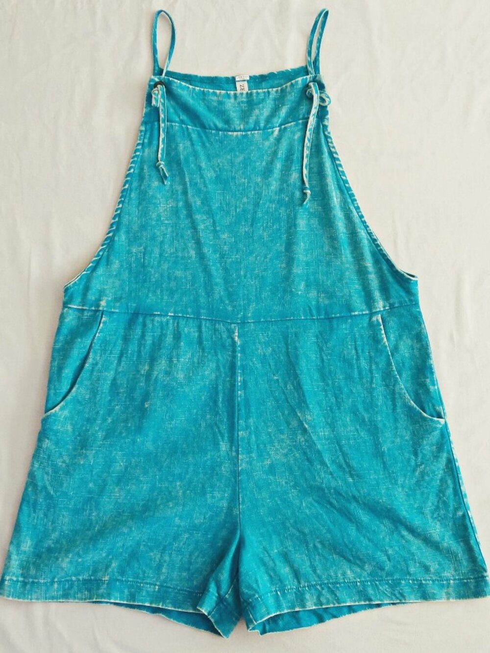 Zenana Women's S Linen Blend Acid Wash Romper Vibrant Teal Knot Strap